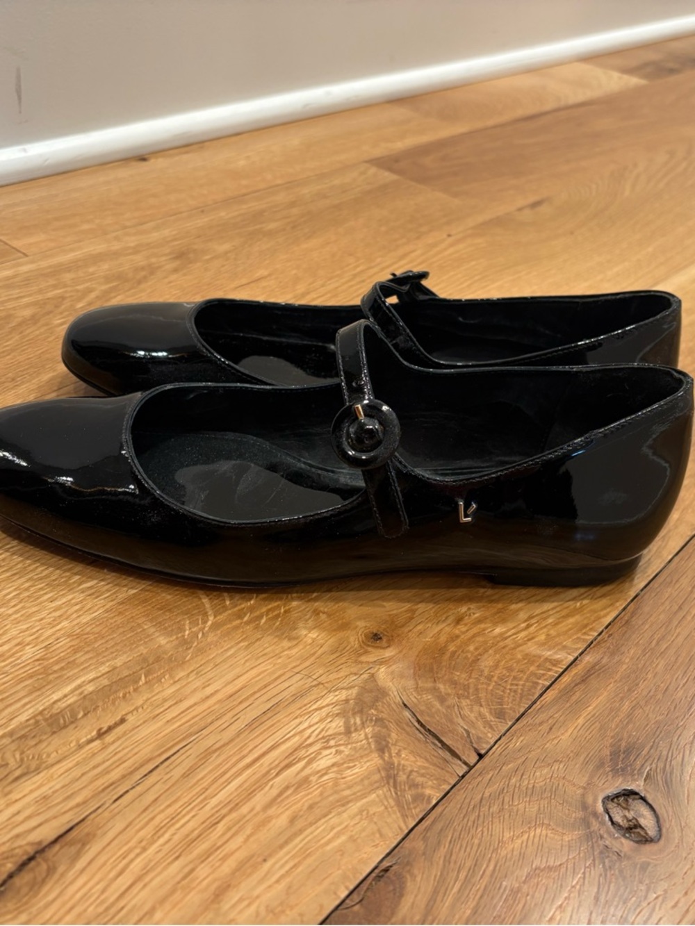 Larroude Black Patent Mary Jane Flats with Round Buckle